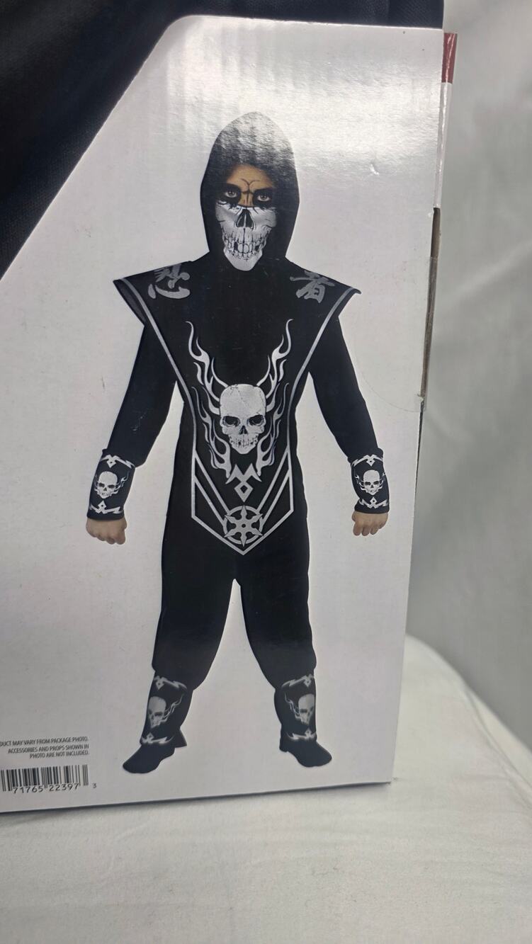 Skull Ninja Costume Boys Medium 8 Black Hooded Shirt Mask Gloves Halloween